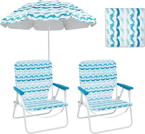 GYMAX 2 Beach Chairs + Umbrella Bundle